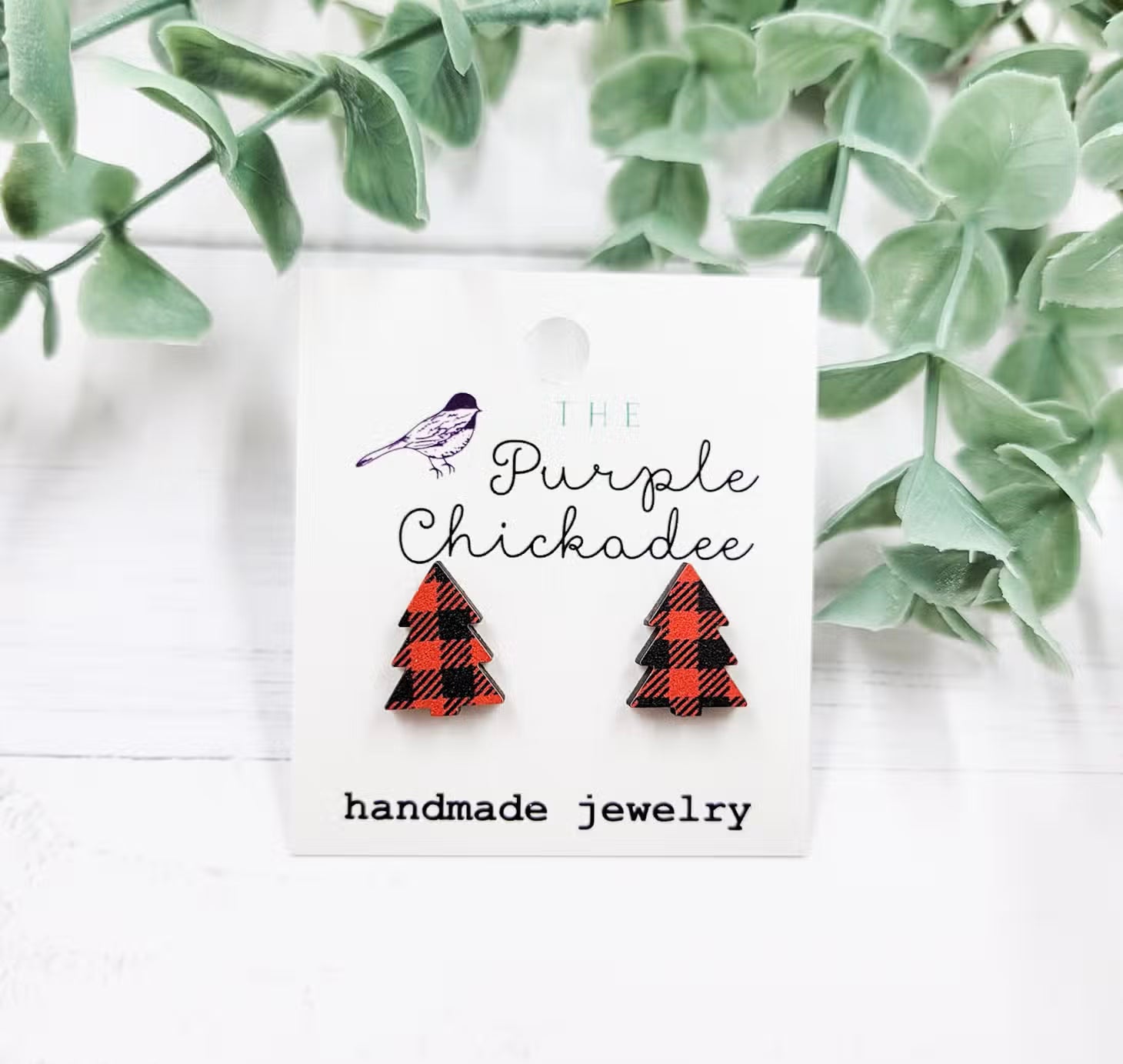 Red Plaid Tree Stud Earrings