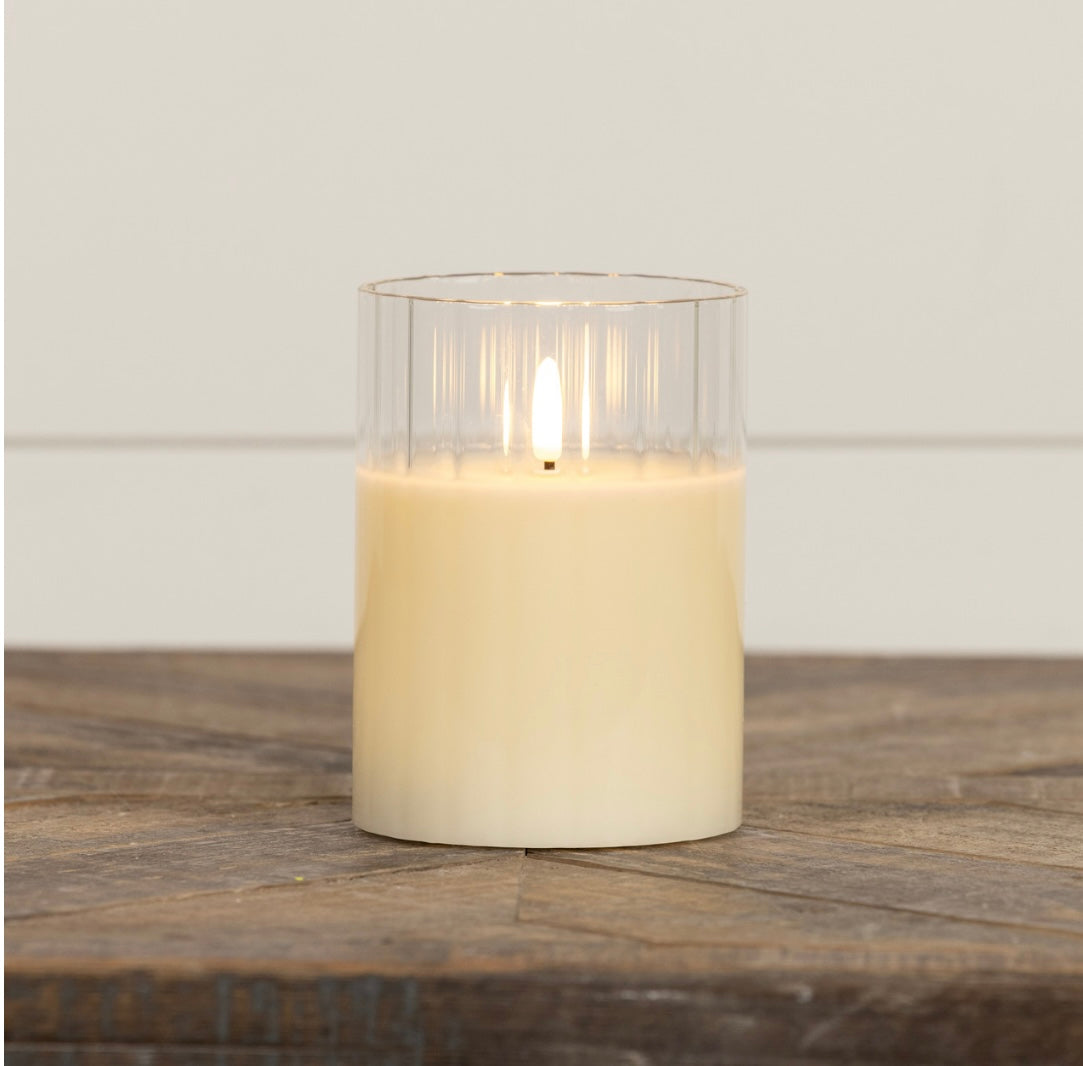 CREAM FLUTED GLASS 3D FLAME CANDLE - 2 SIZES