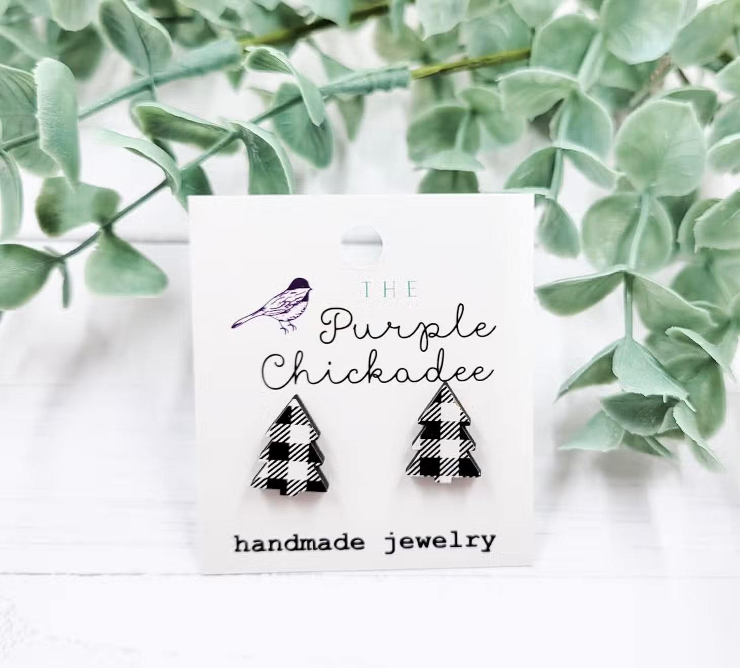 White Plaid Tree Stud Earrings