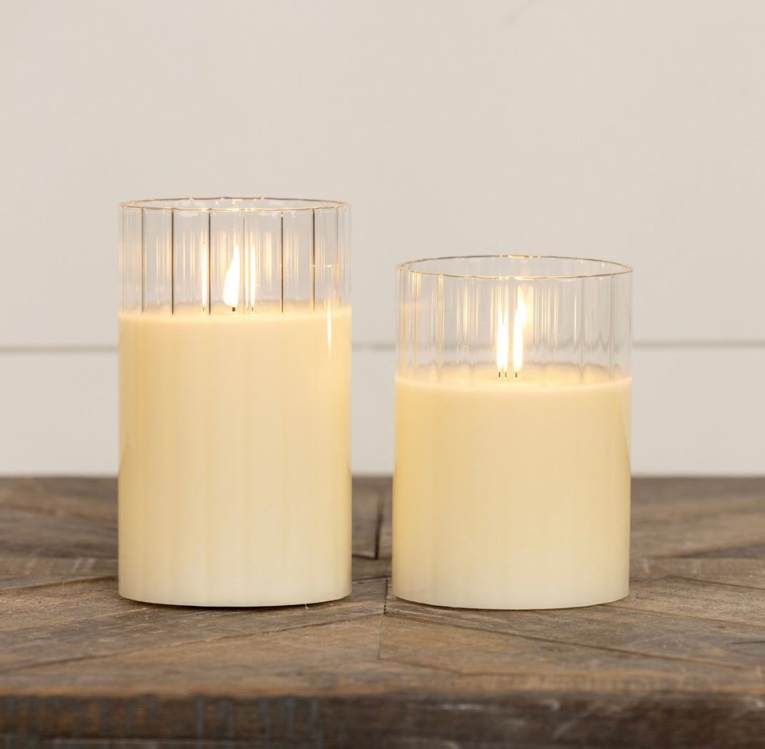 CREAM FLUTED GLASS 3D FLAME CANDLE - 2 SIZES