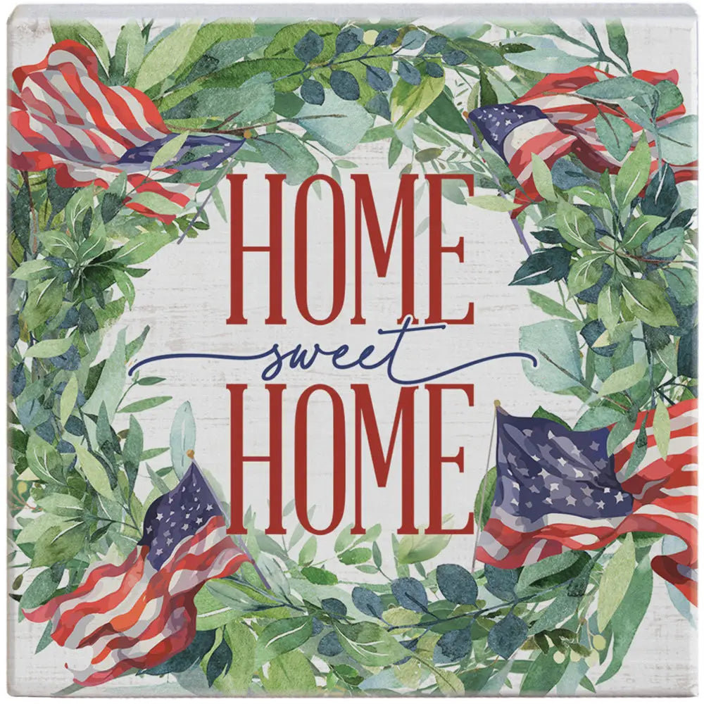 Home Sweet Home Flag Wreath Wood Block Sign