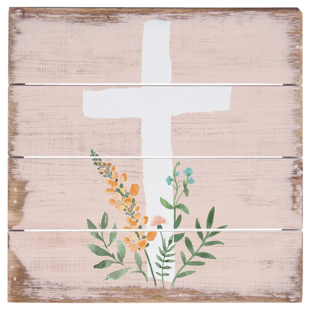 Pink Floral Cross Pallet Sign
