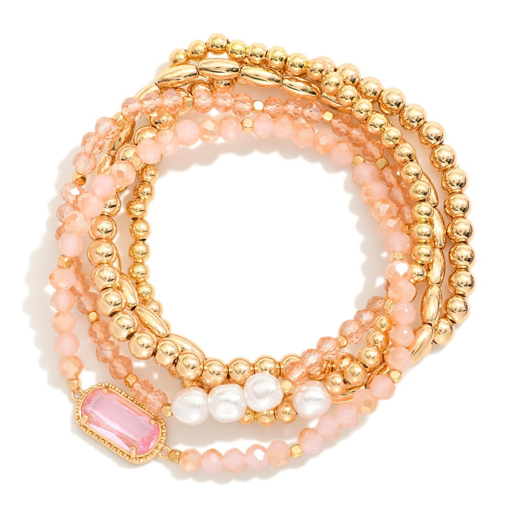 Beaded Stretch Bracelet Set - Pink
