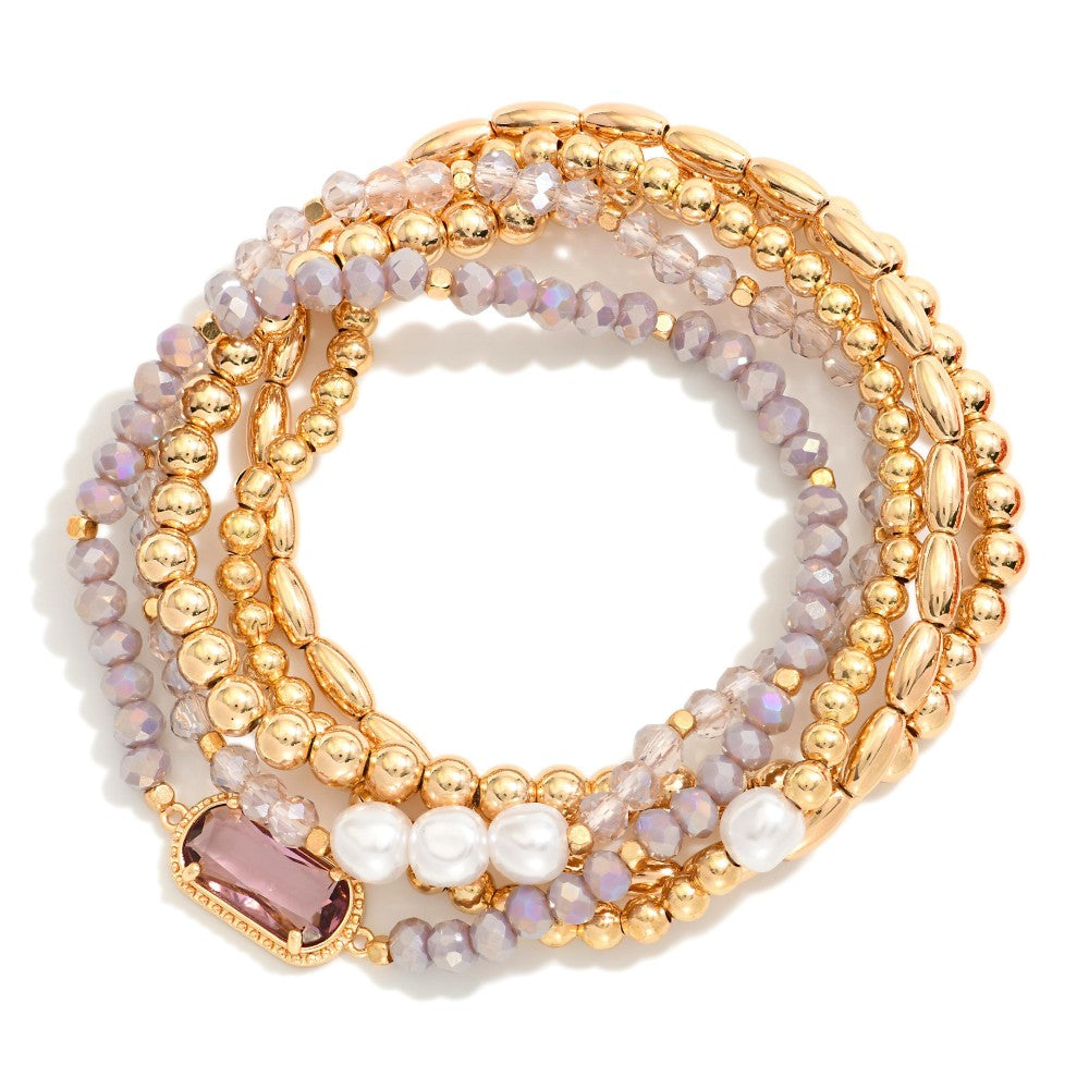 Beaded Stretch Bracelet Set - Purple