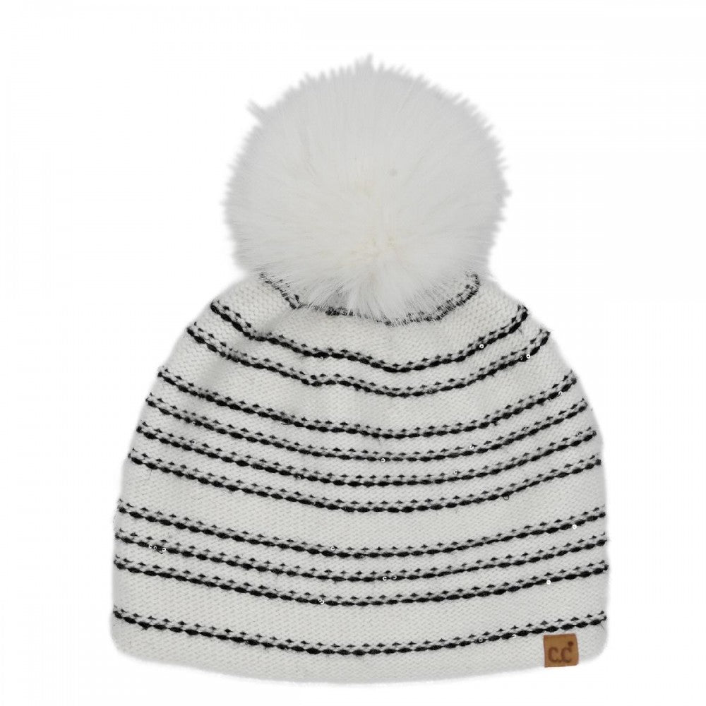 C.C Stripe Stitches with Angora Pom Beanie - 3 Styles