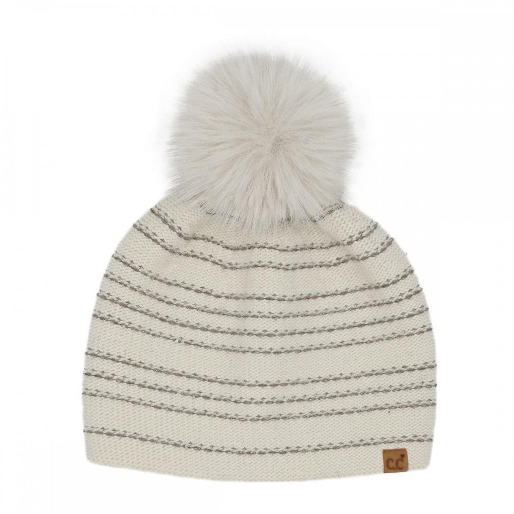 C.C Stripe Stitches with Angora Pom Beanie - 3 Styles