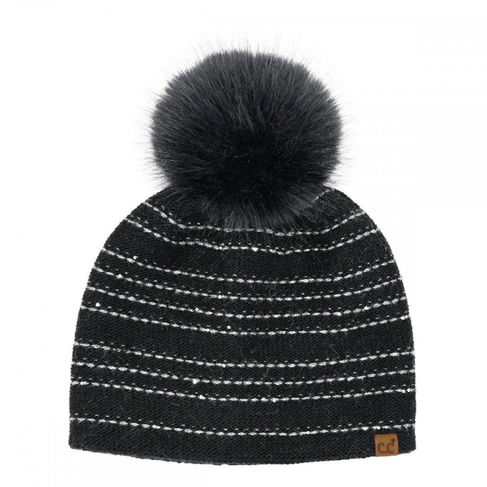 C.C Stripe Stitches with Angora Pom Beanie - 3 Styles