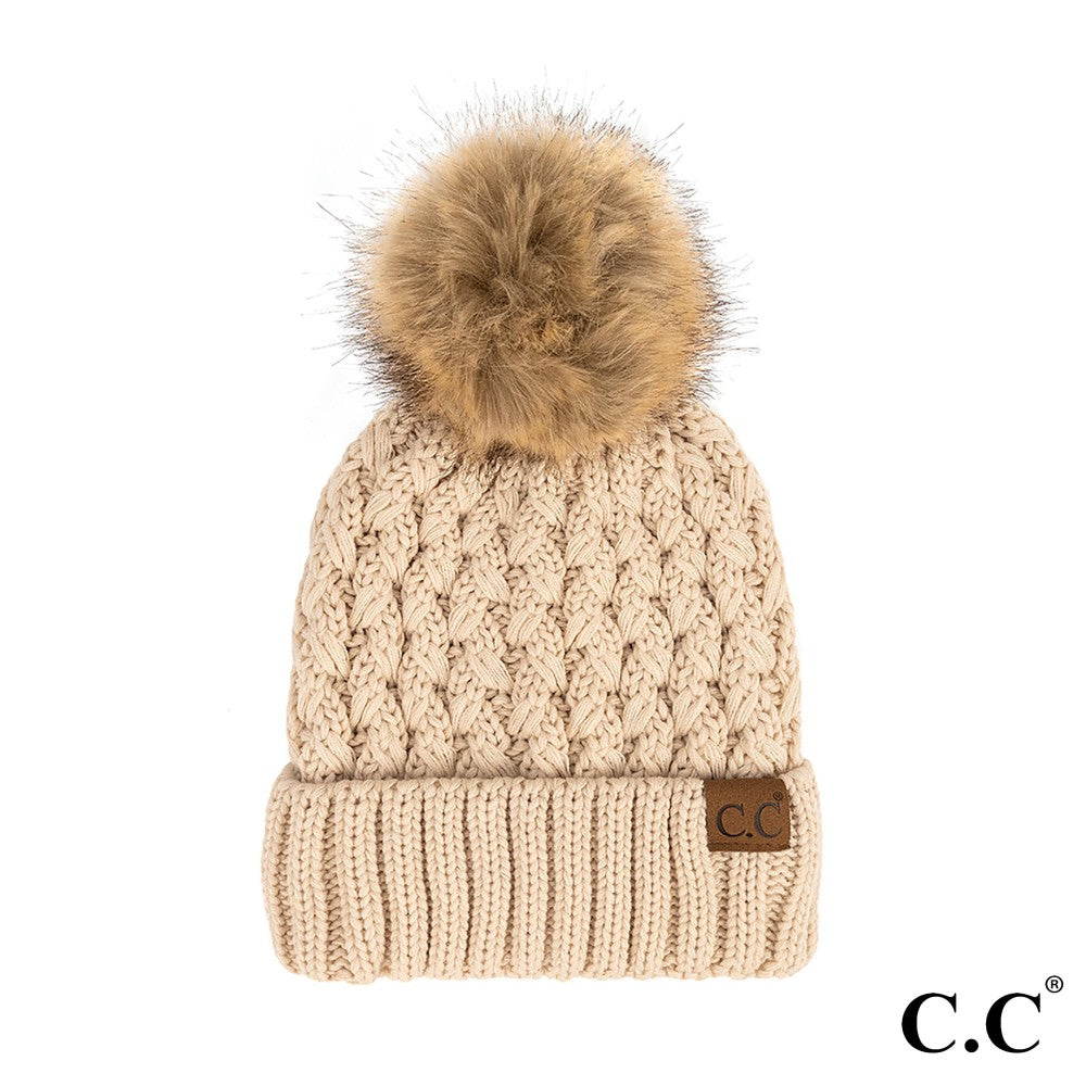 C.C Lined Criss Cross Beanie with Pom - Beige