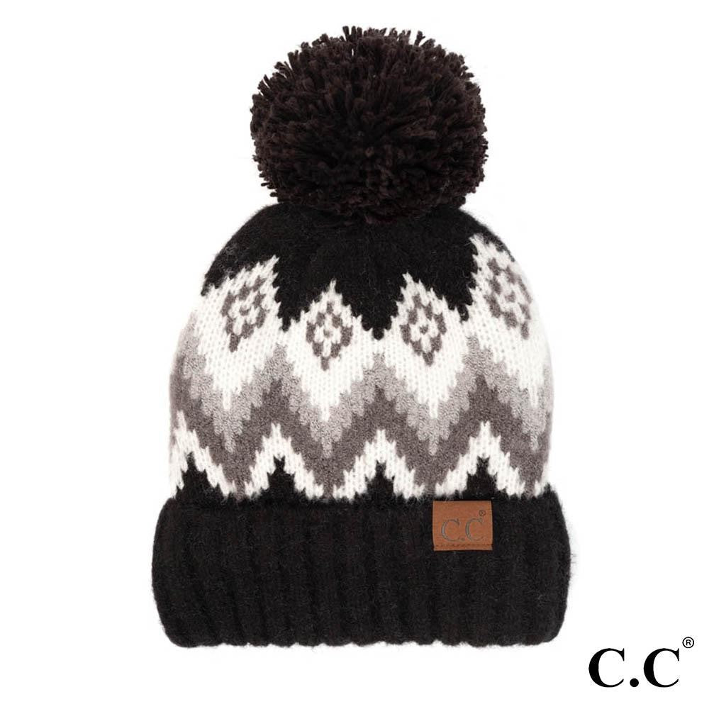 C.C Aztec Chevron Beanie with Pom - Black