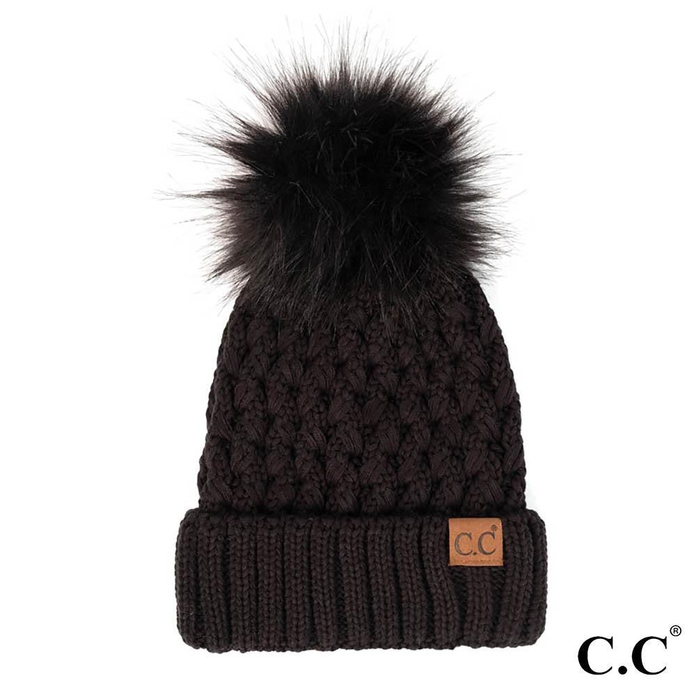 C.C Lattice Crossover Beanie with Pom - Black