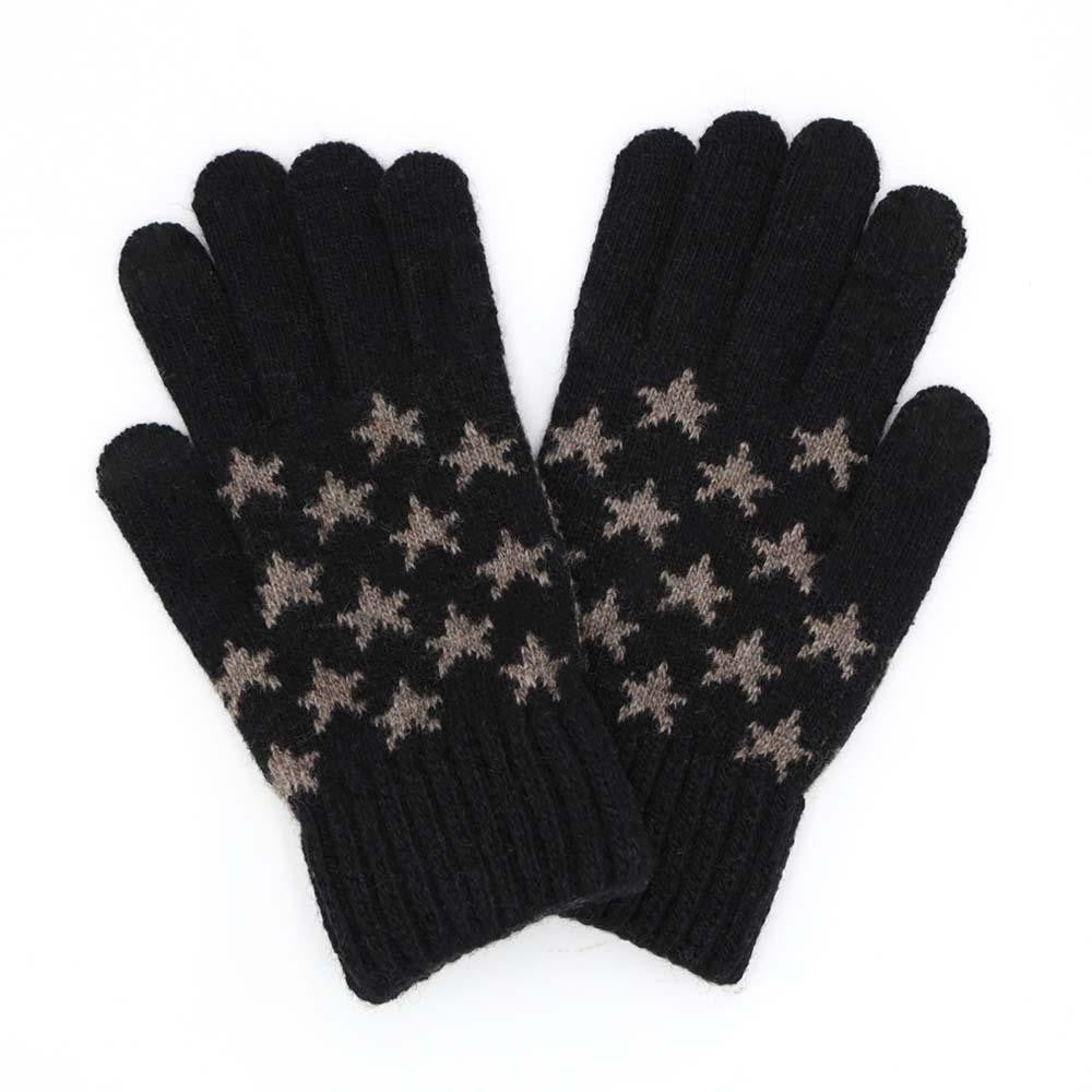 Star Print Knit Gloves - Black