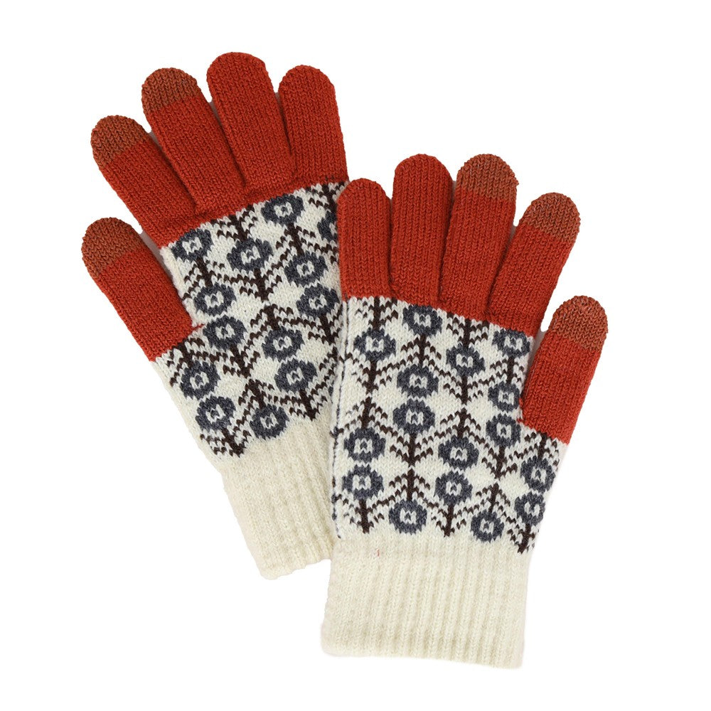Flower Knit Gloves - Rust