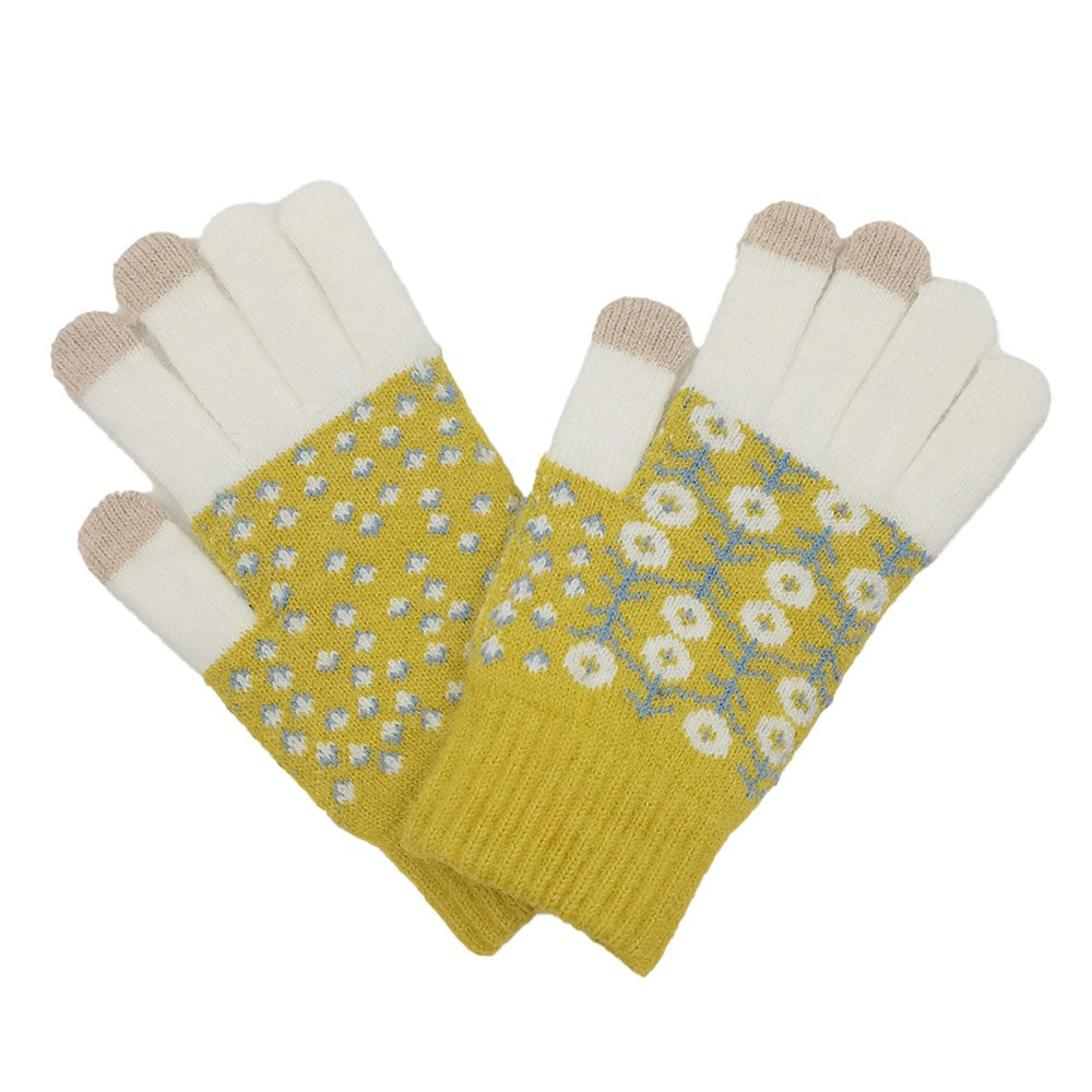 Flower Knit Gloves - Yellow