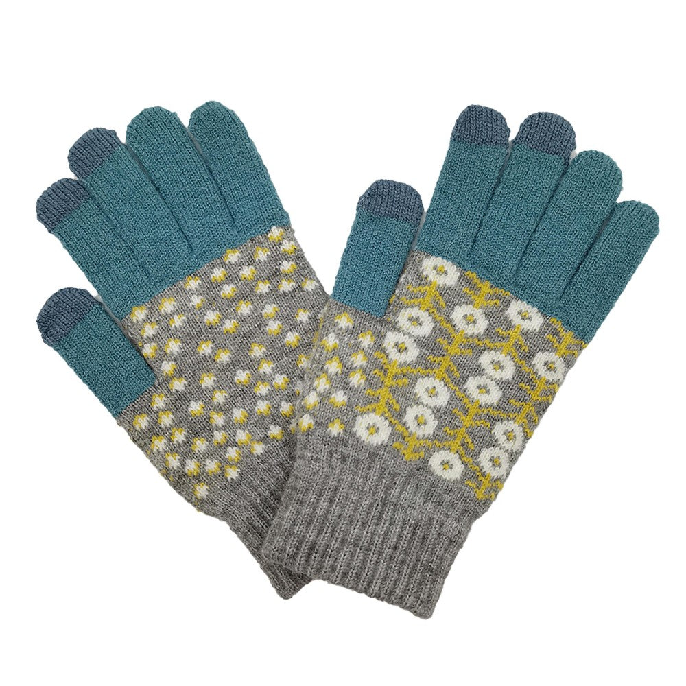 Flower Knit Gloves - Blue