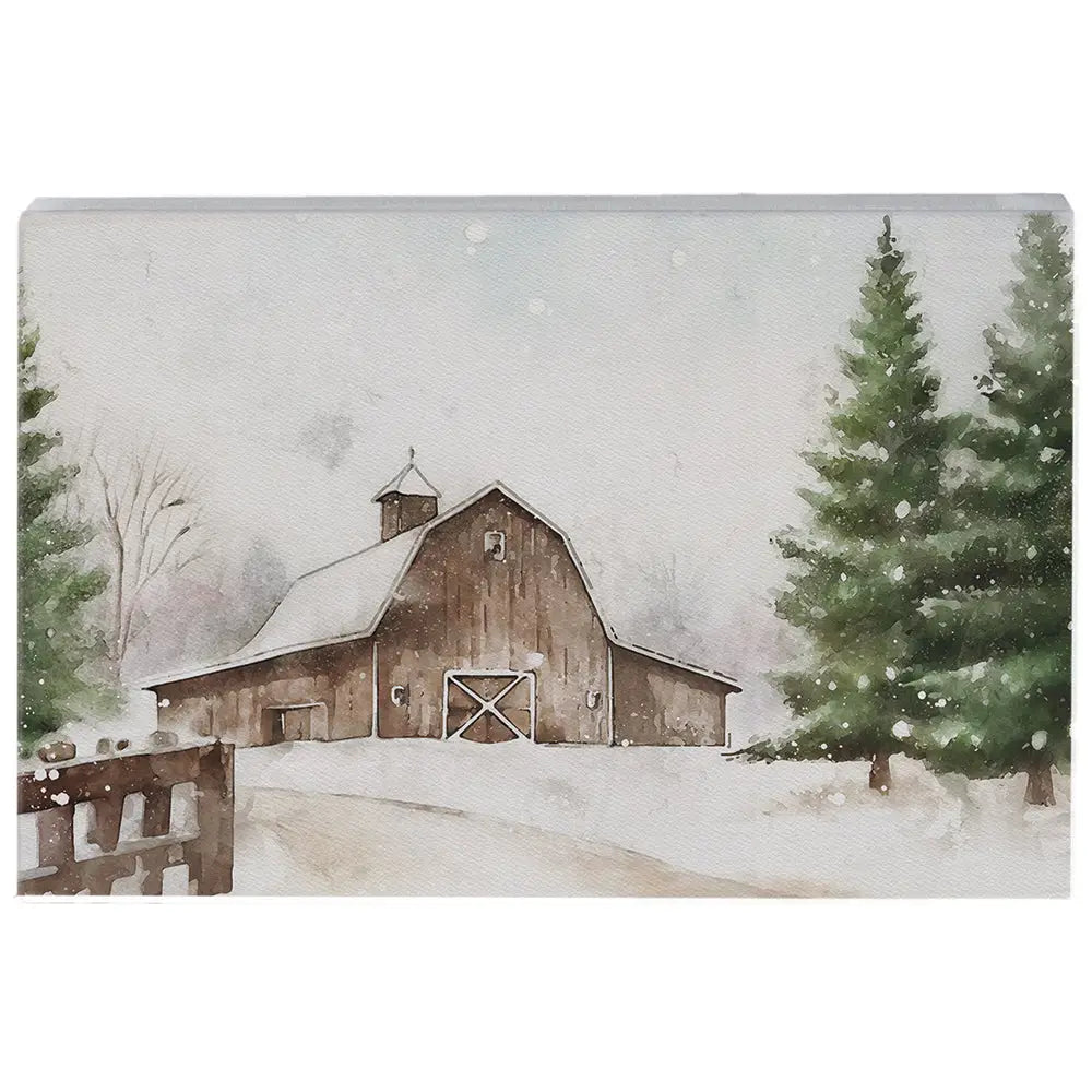 Winter Barn Scene Wood Block Sign
