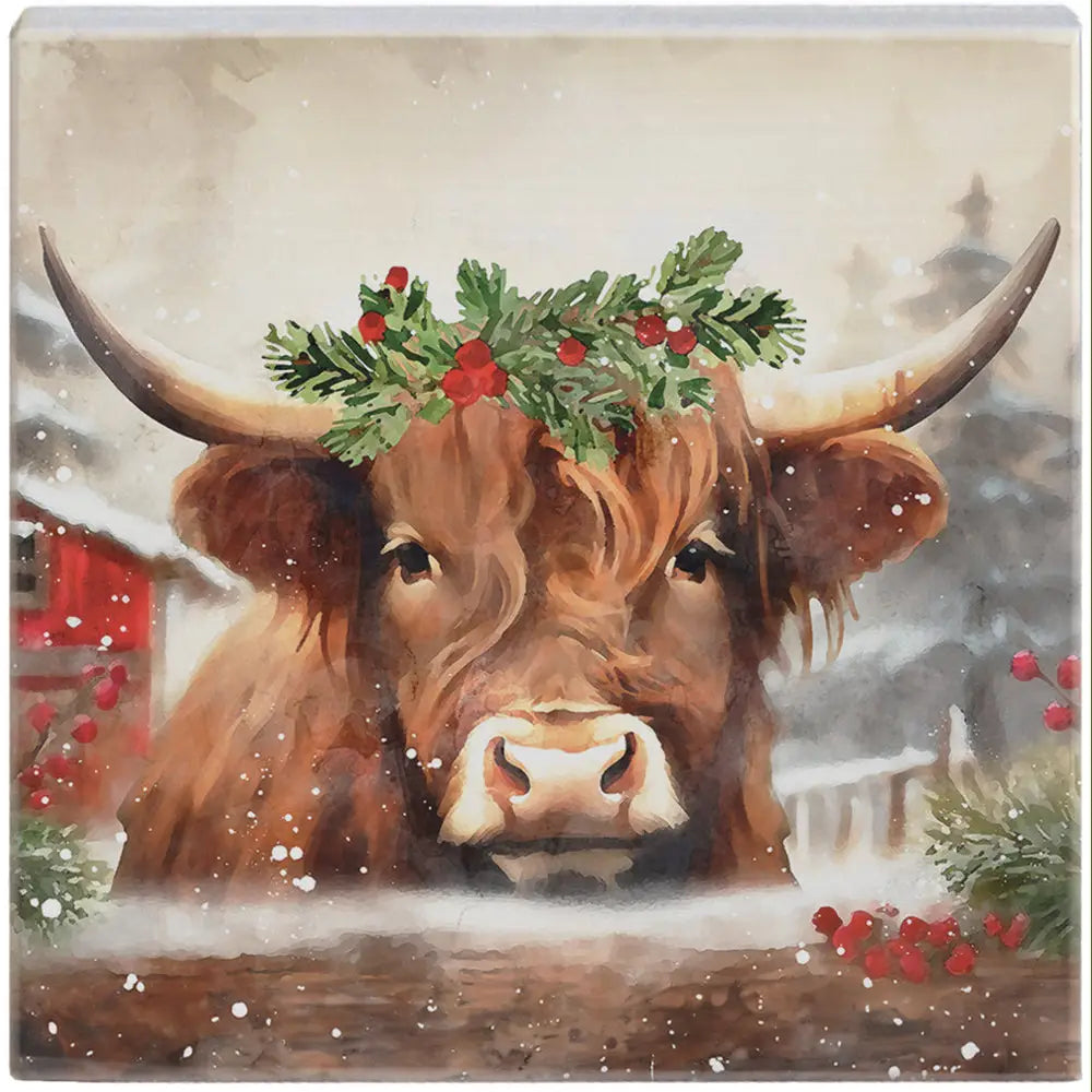 Christmas Cow Wood Block Sign