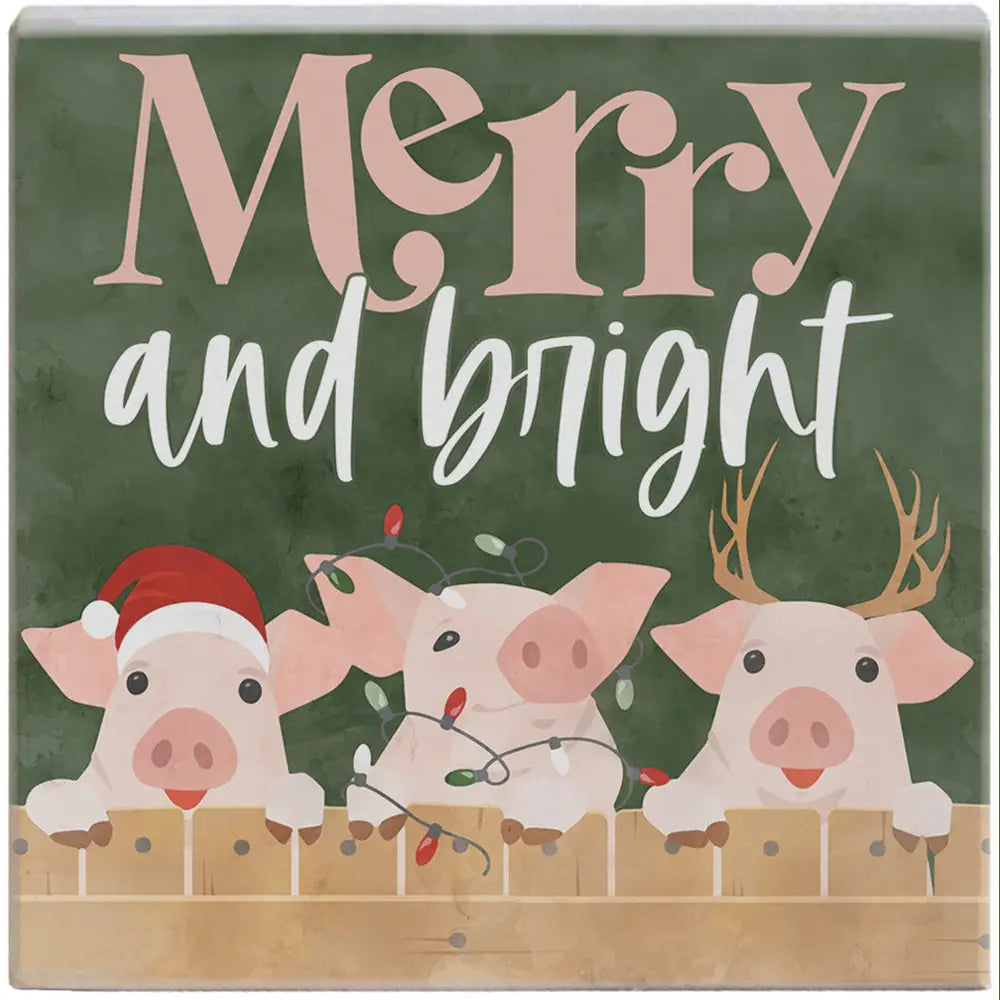 Merry and Bright Pigs Wood Block Sign