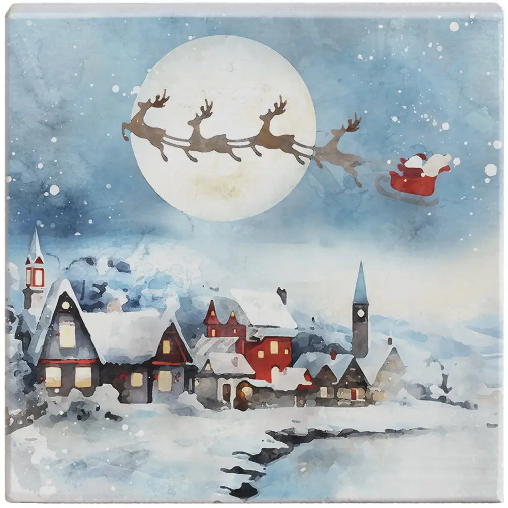 Santa Sleigh Flying Wood Block Sign