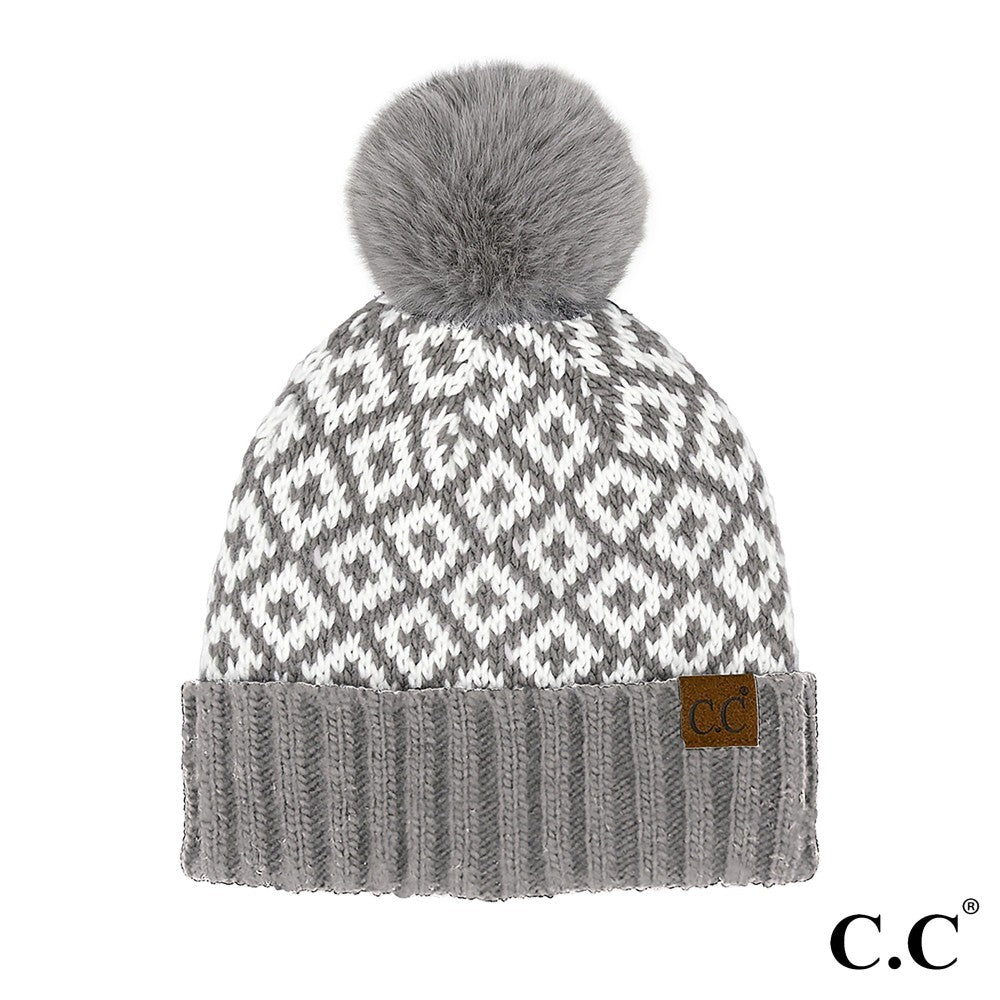 C.C Diamond Pattern Fur Pom Beanie - Gray