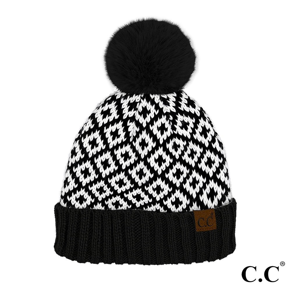 C.C Diamond Pattern Fur Pom Beanie - Black