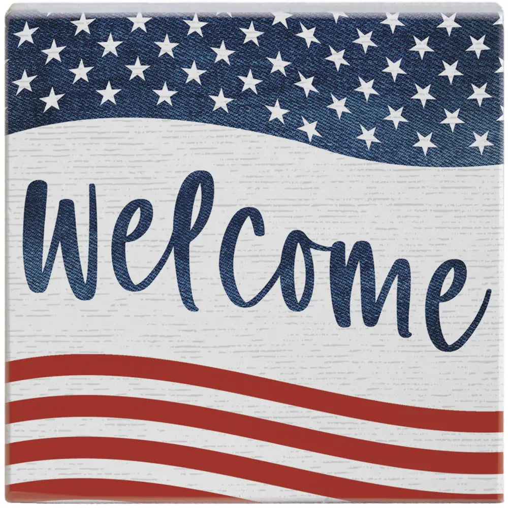 Welcome Flag Wood Block Sign