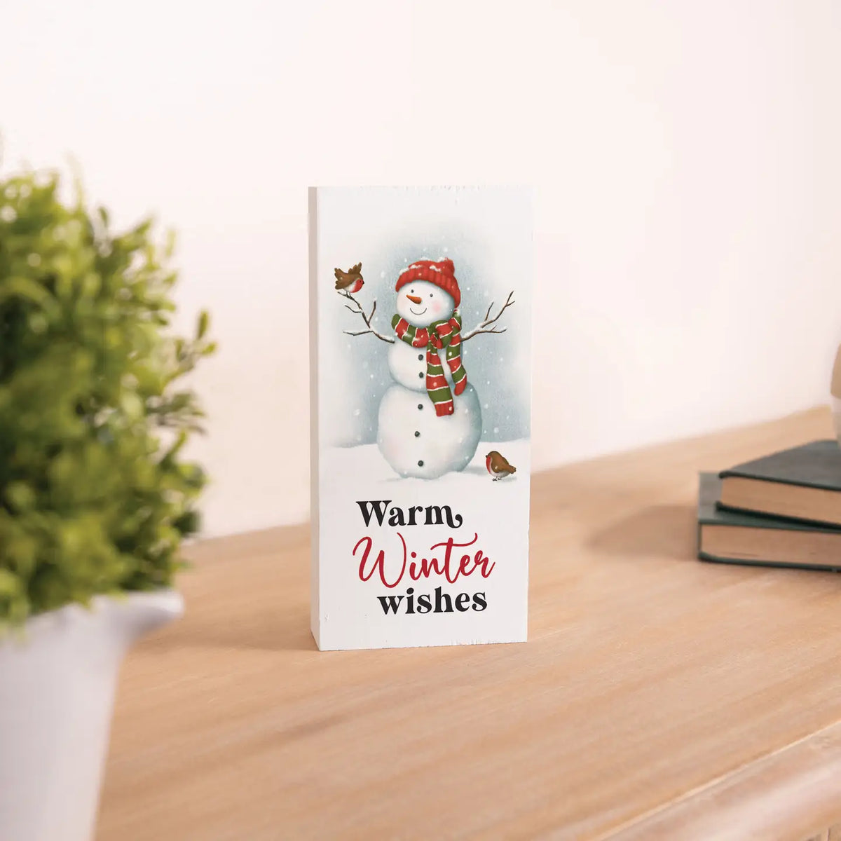 Warm Winter Snowman Wood Block Sign