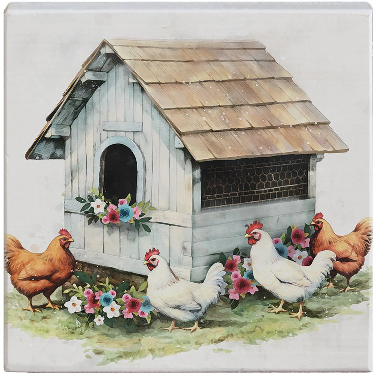 Floral Chicken Coop Wood Block Sign