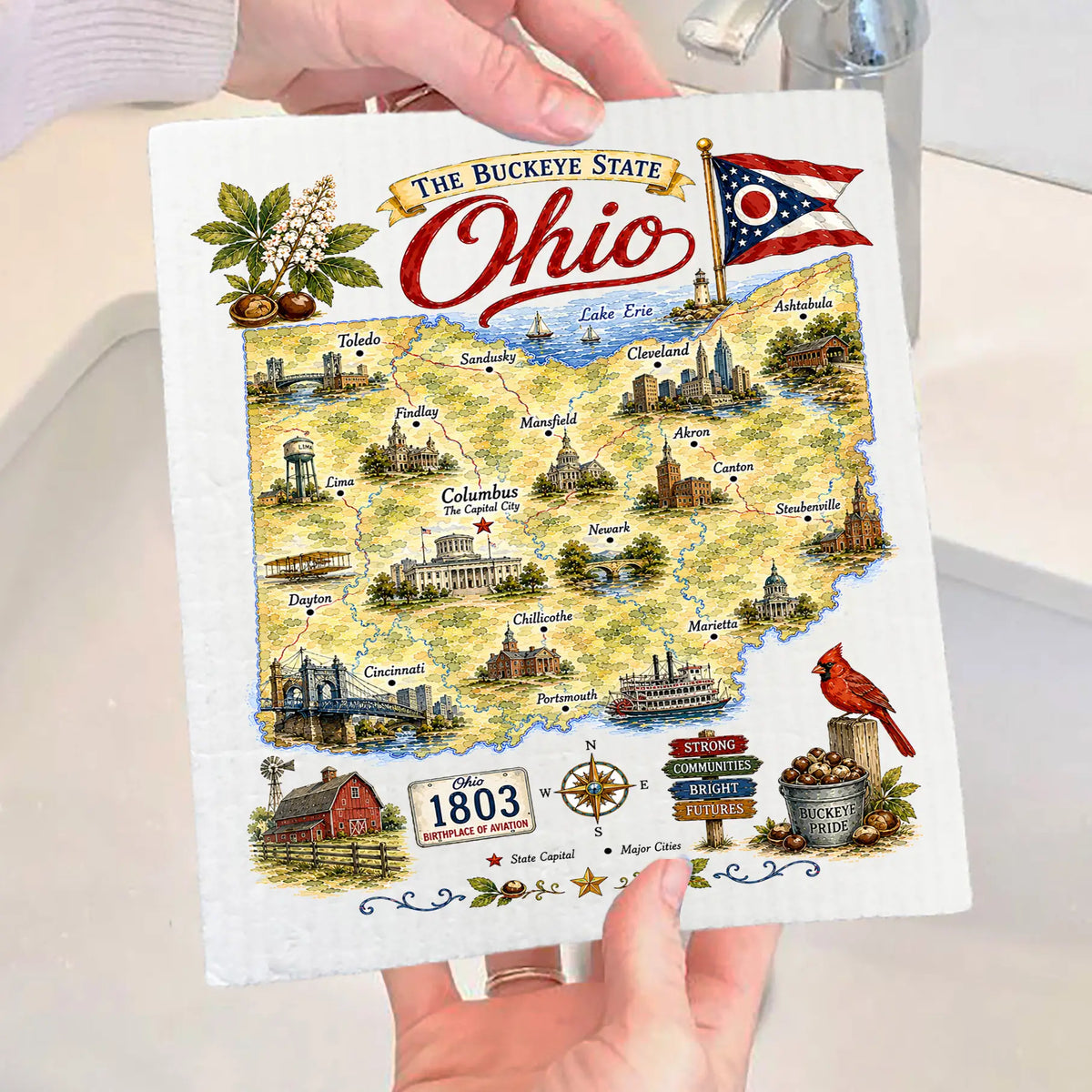 Ohio State Map Landmark Swedish Dishcloth