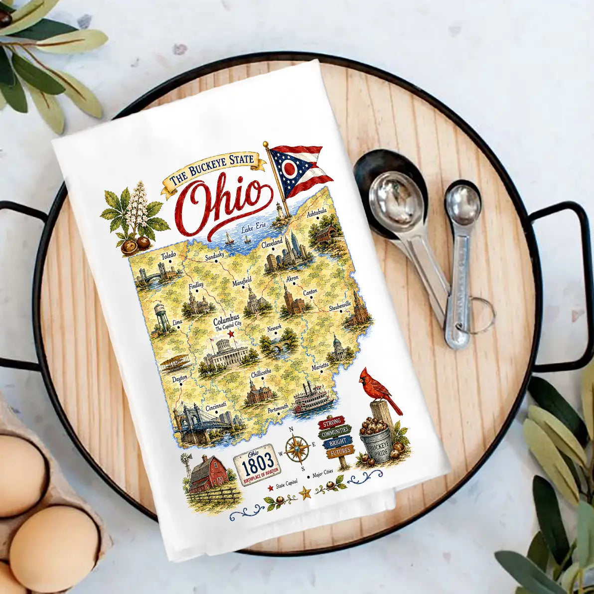 Ohio State Map Landmark Tea Towel