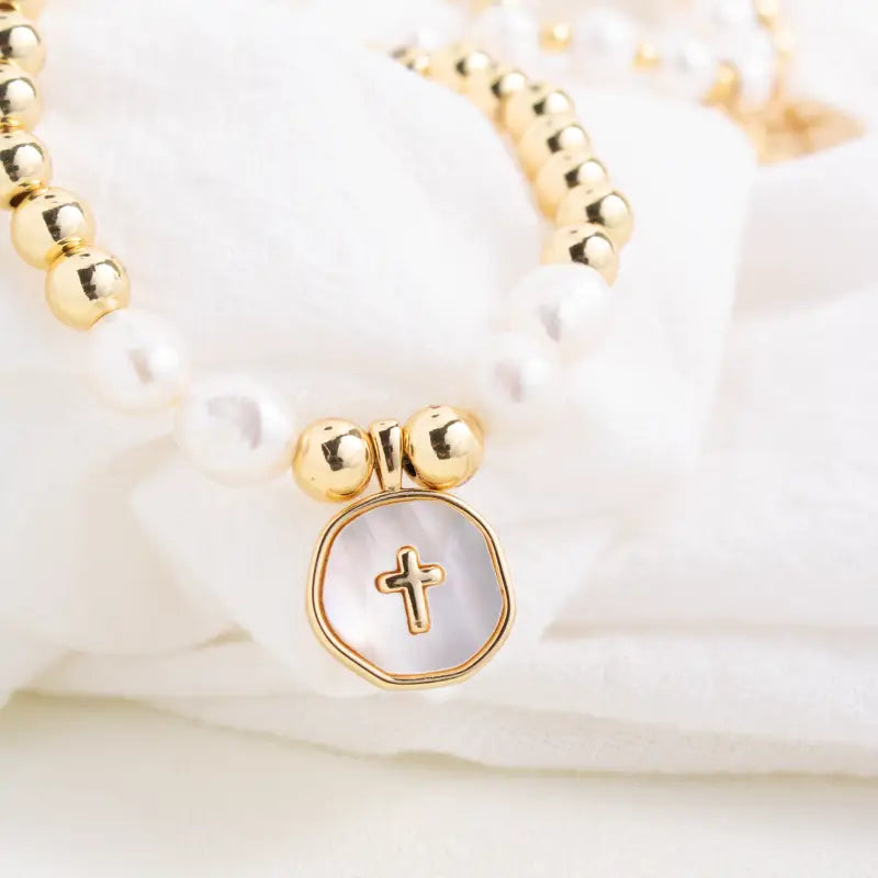 Cross + Pearl Stretch Bracelet