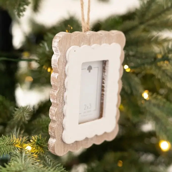 Wood + White Scallop Photo Frame Ornament