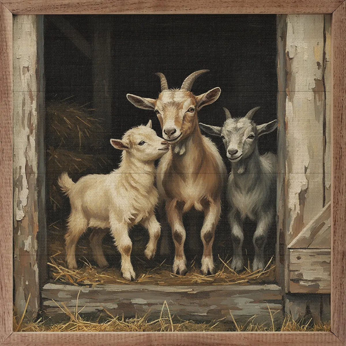 Trio of Goats in Barn Framed Art