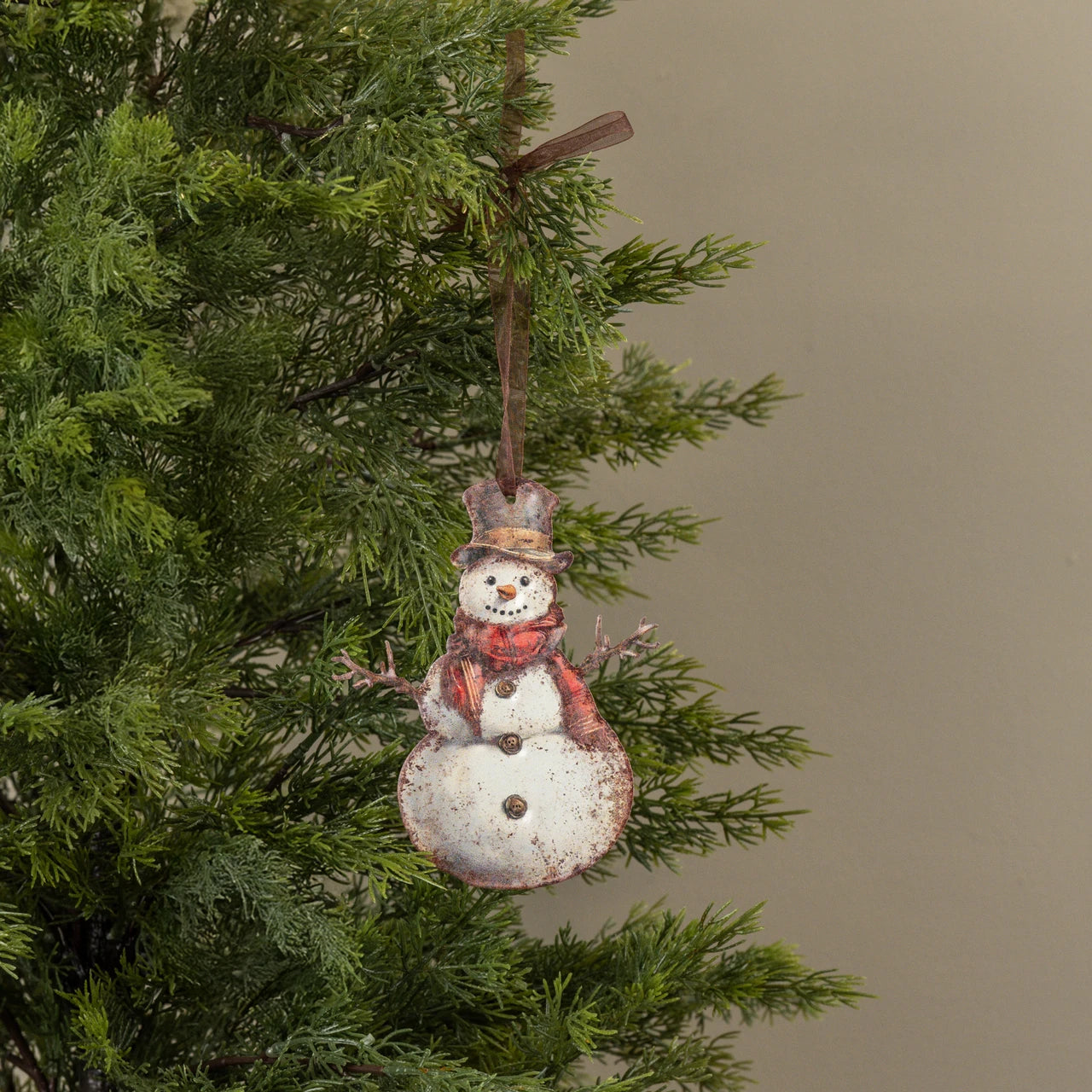 Red Scarf Snowman Metal Ornament