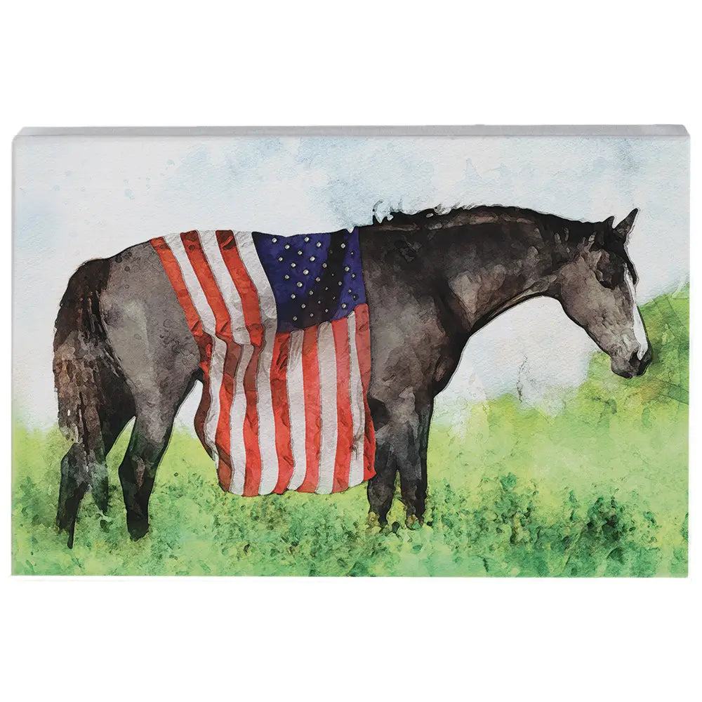 American Flag Horse Wood Block Sign