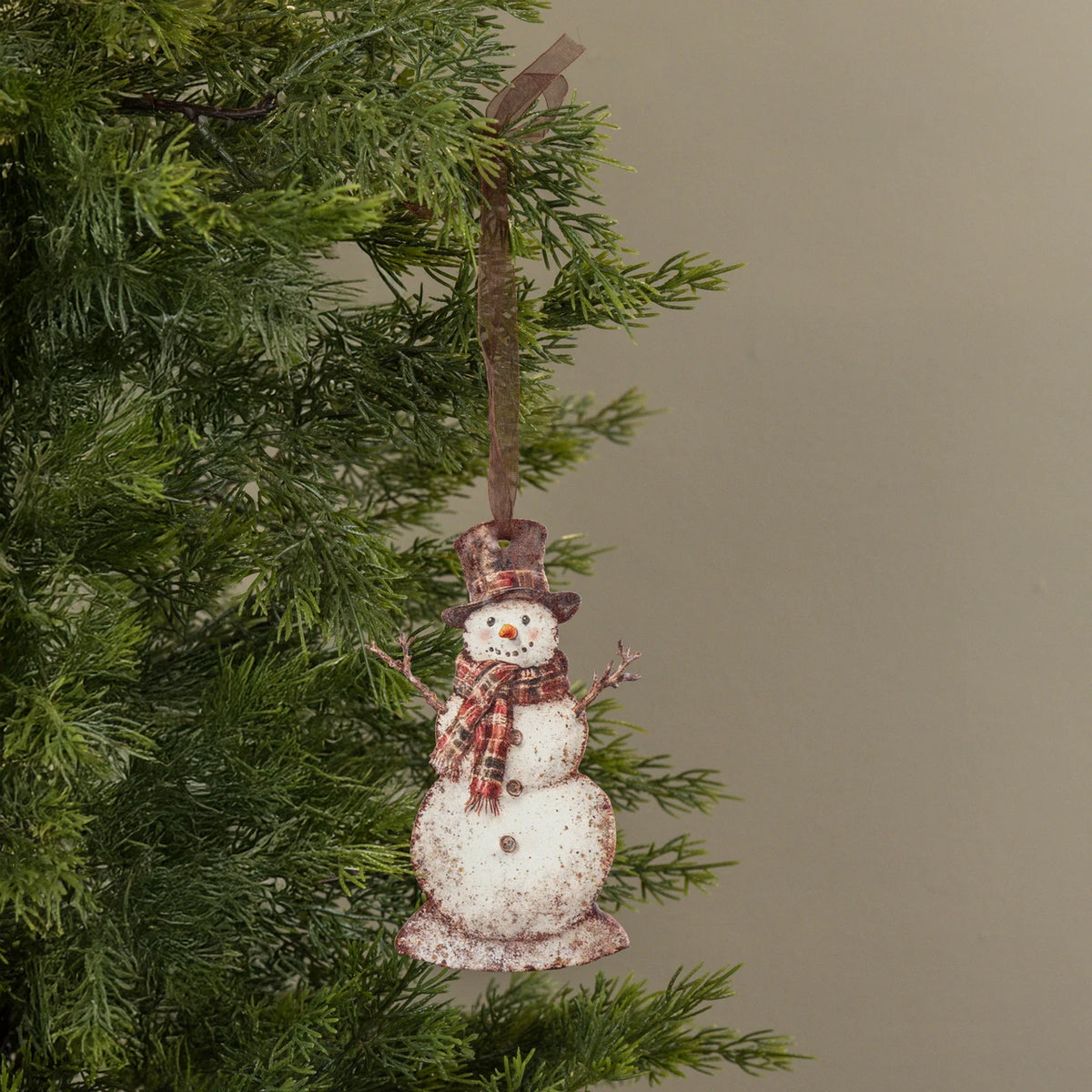 Plaid Snowman Metal Ornament