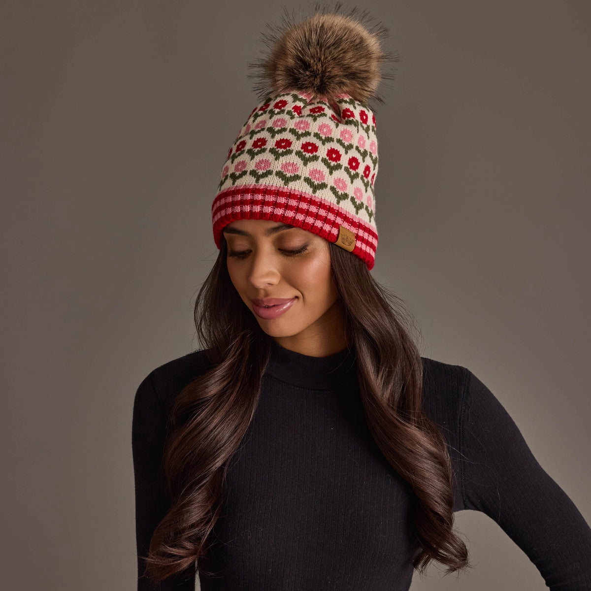 Floral Pattern Knit Pom Hat