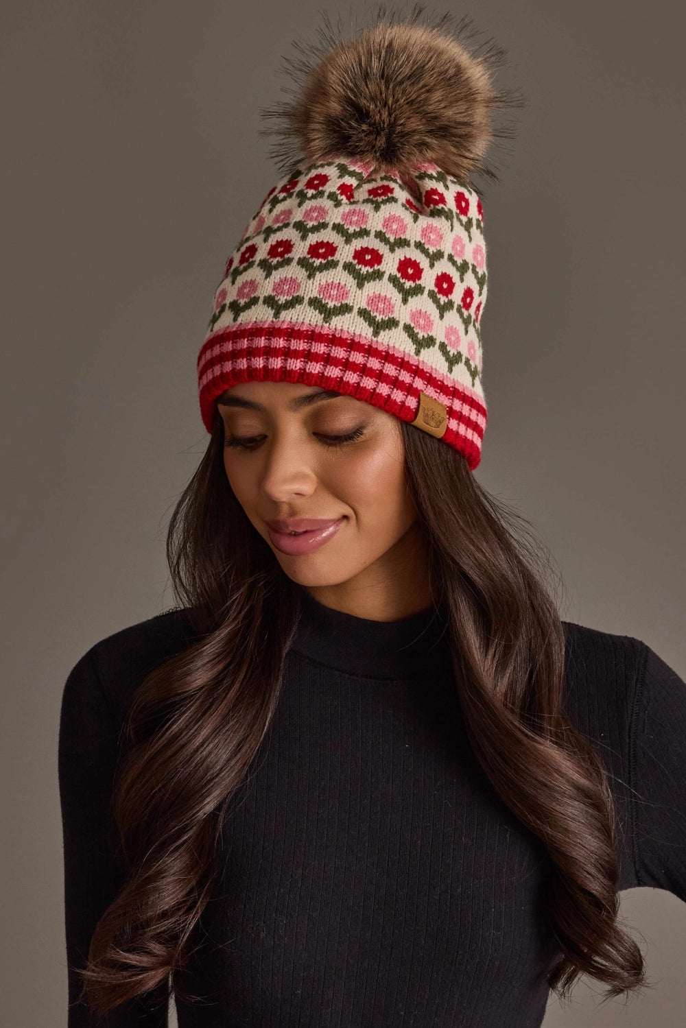 Floral Pattern Knit Pom Hat