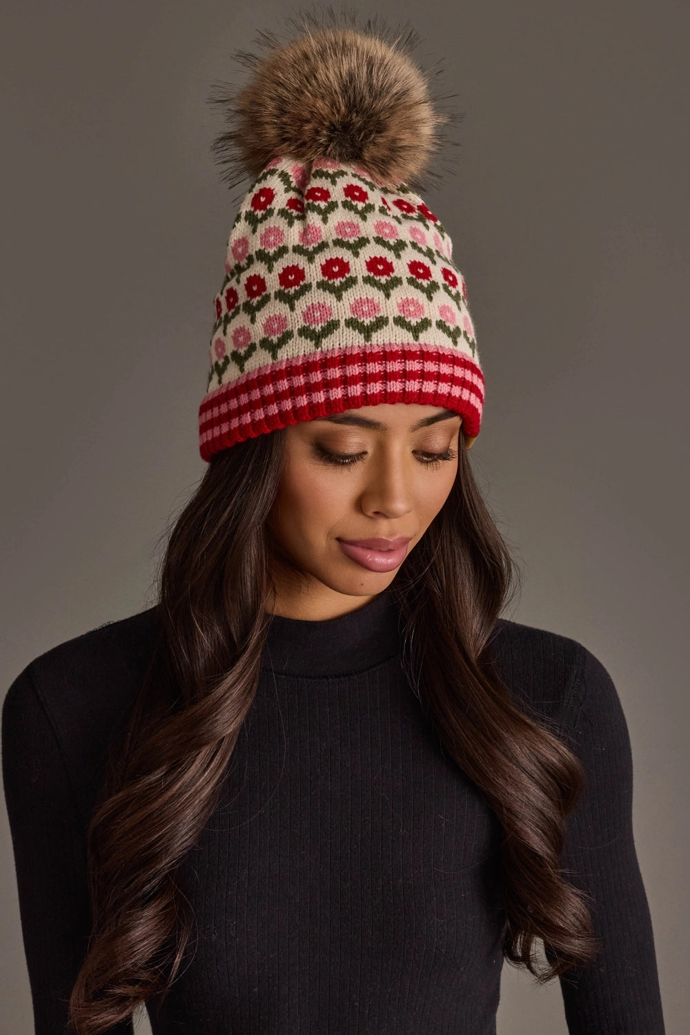 Floral Pattern Knit Pom Hat