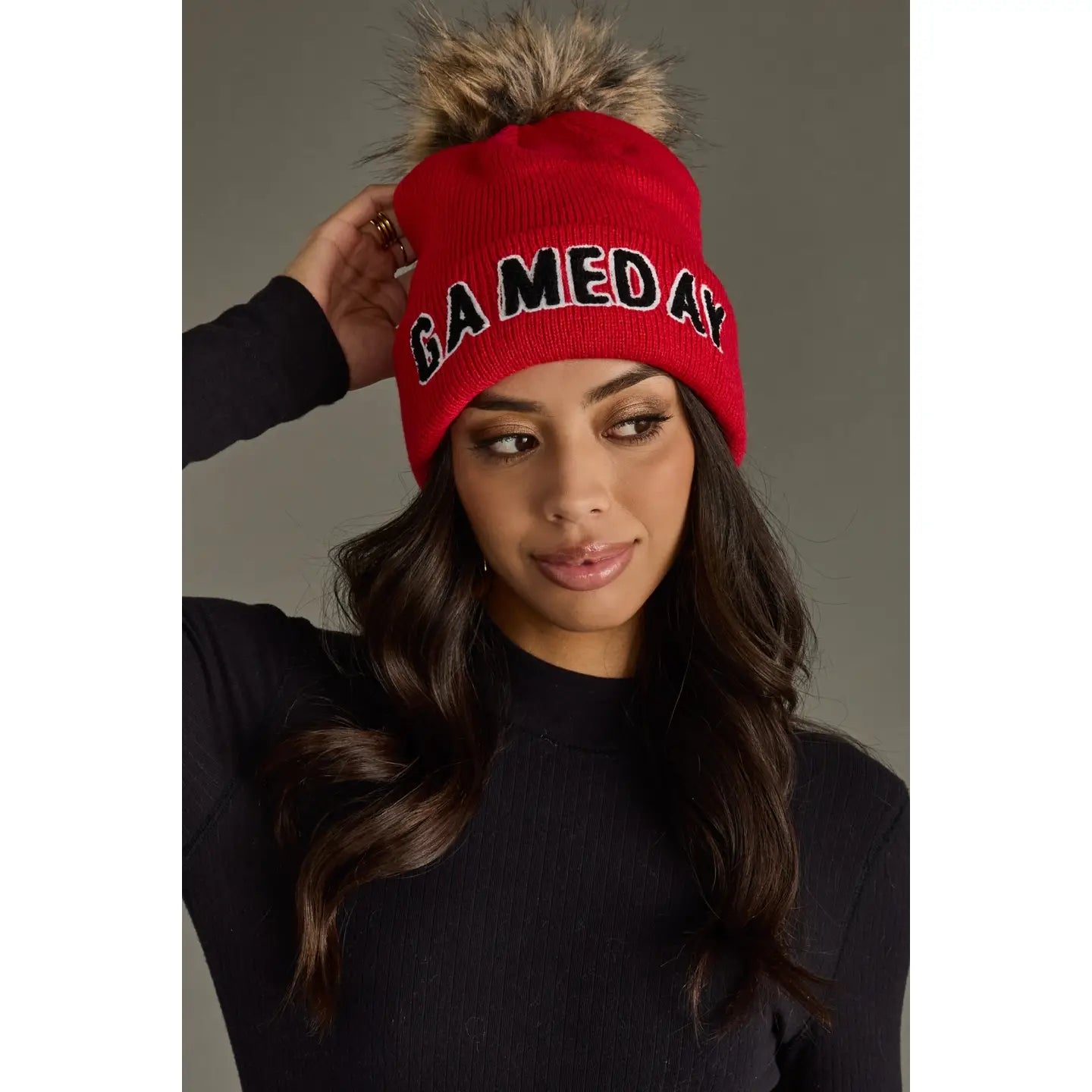 Game Day Pom Hat - Red and Black