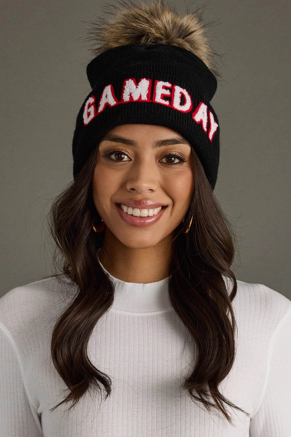 Game Day Pom Hat - Black White and Red