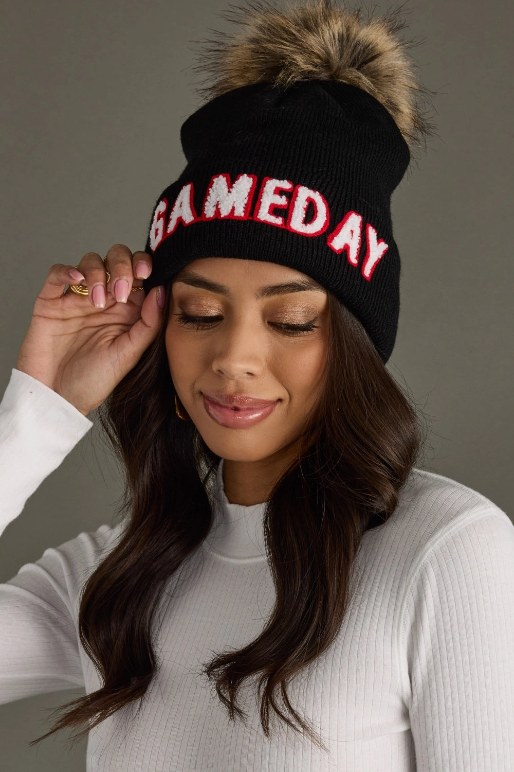 Game Day Pom Hat - Black White and Red