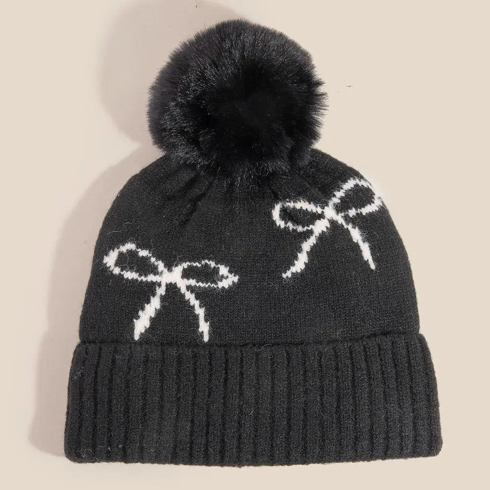 Ribbon Bow Pom Beanie - 3 Styles