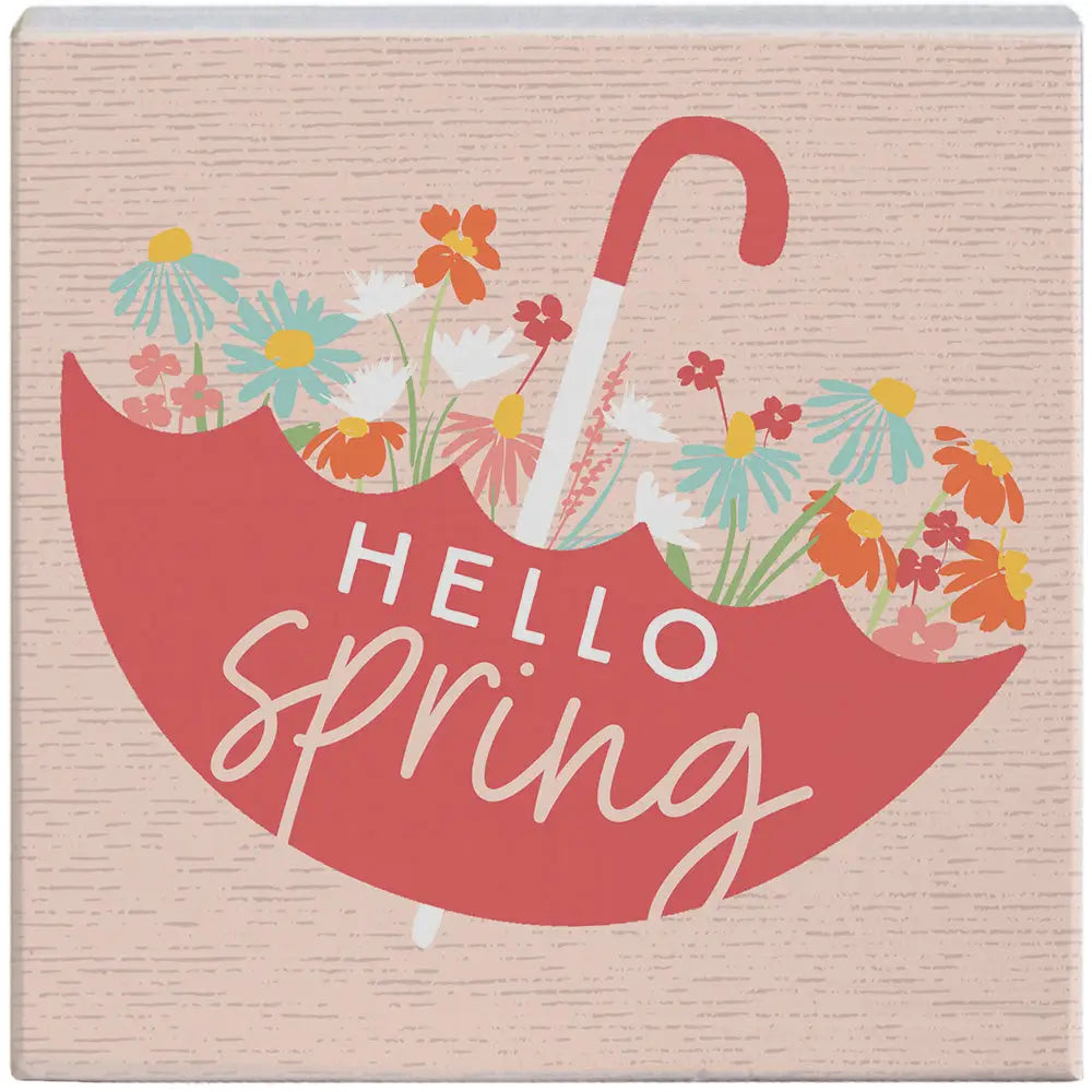 Hello Spring Umbrella Wood Block Sign