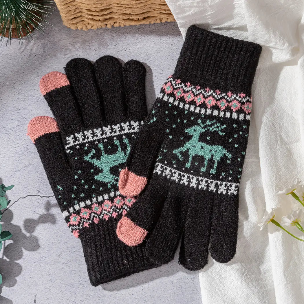 Winter Knit Reindeer Gloves - Black