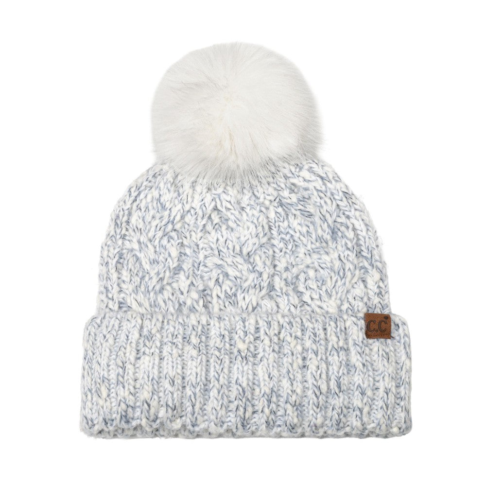 C.C Marbled Cable Knit Pom Beanie - 3 Colors