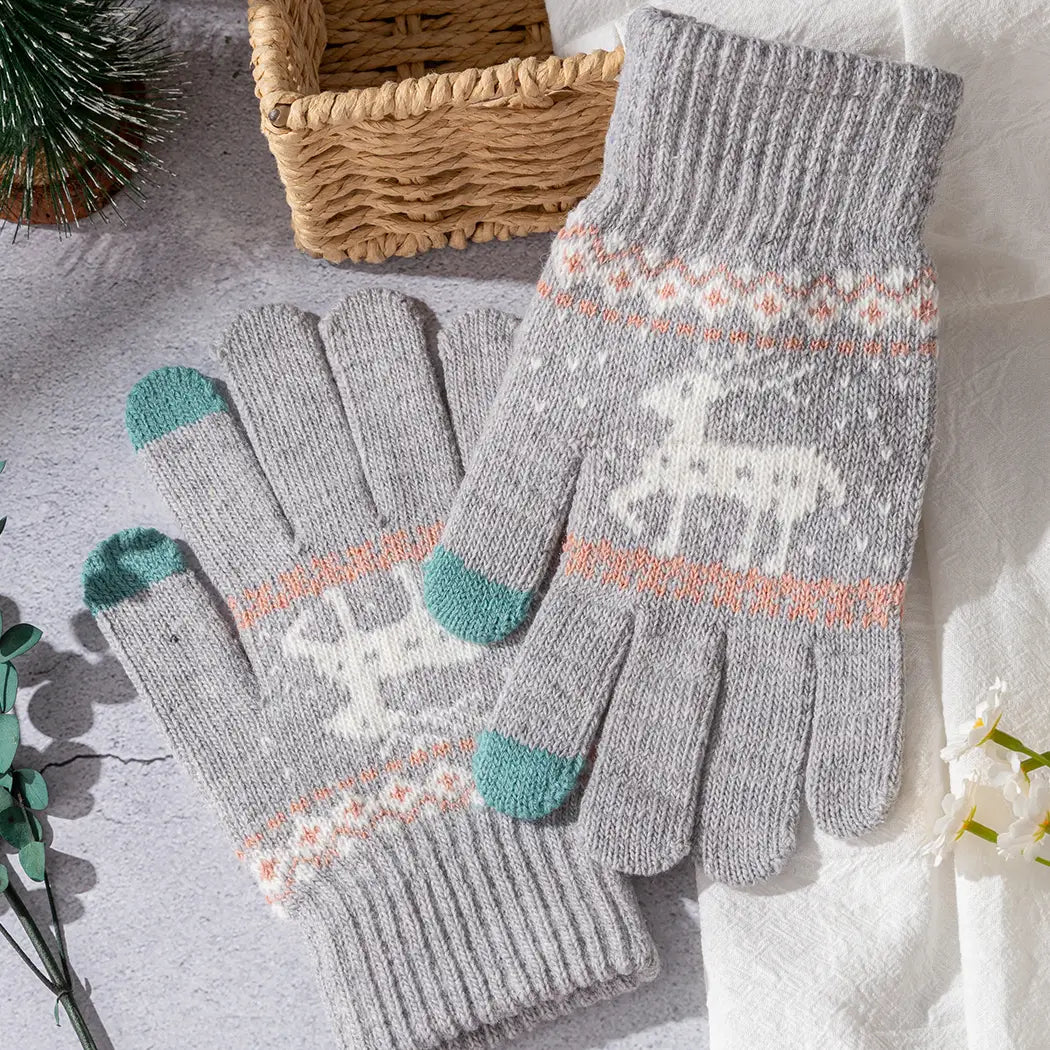 Winter Knit Reindeer Gloves - Gray