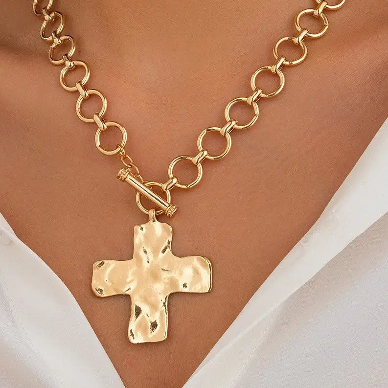 Hammered Cross Toggle Necklace