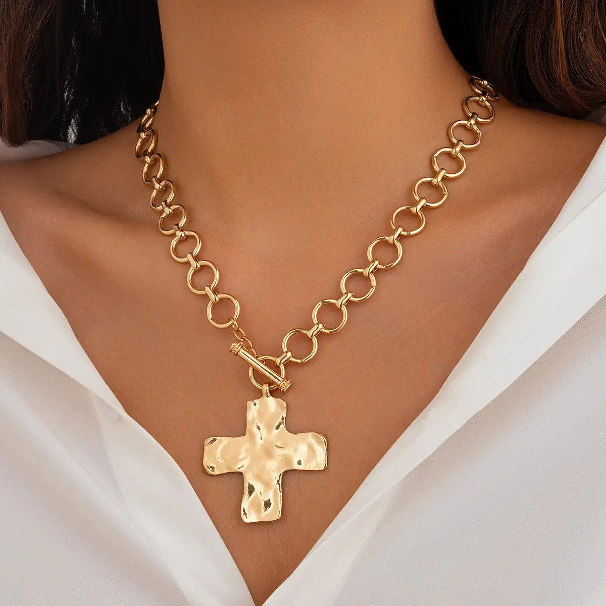Hammered Cross Toggle Necklace
