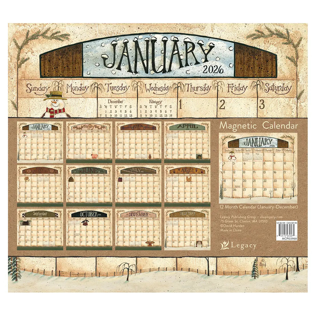 Folk Art by David Magnetic 2026 Calendar Pad