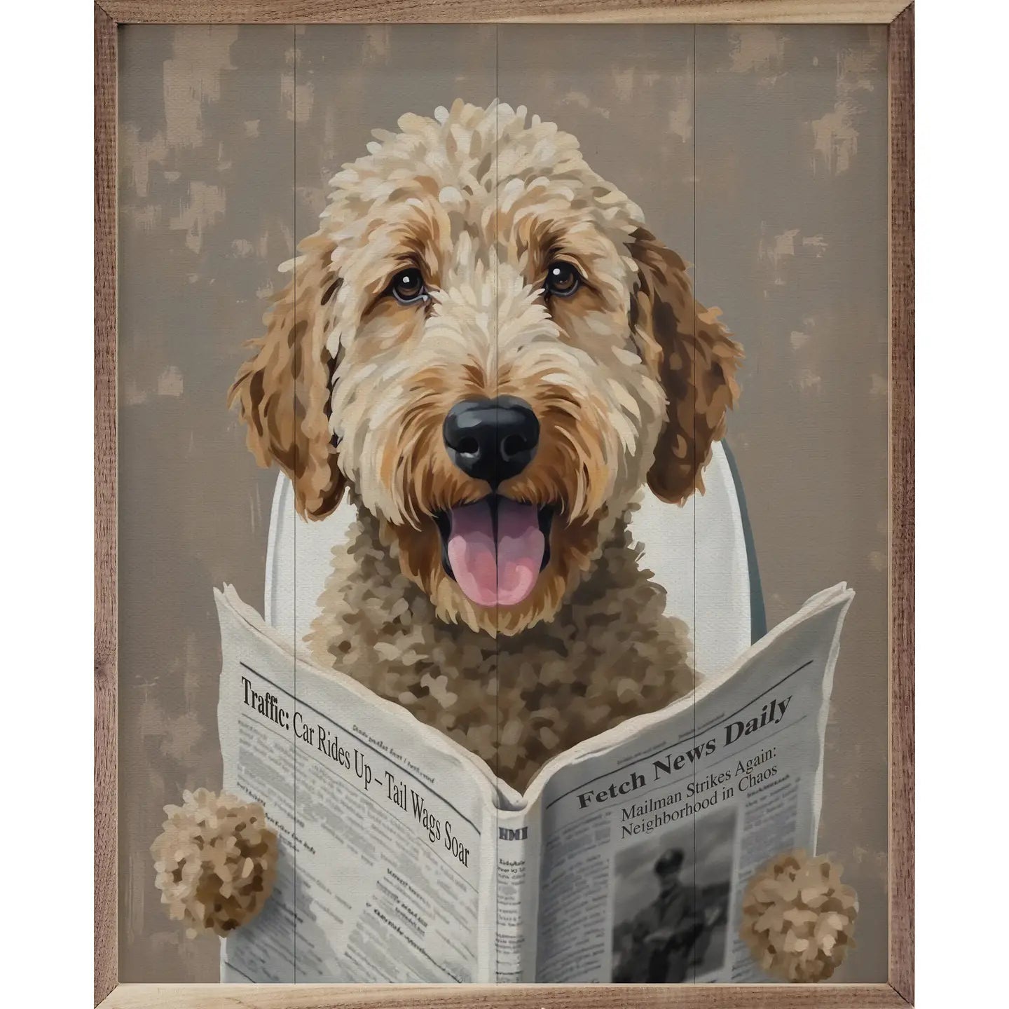 Bathroom Dog Reading Paper Framed Sign